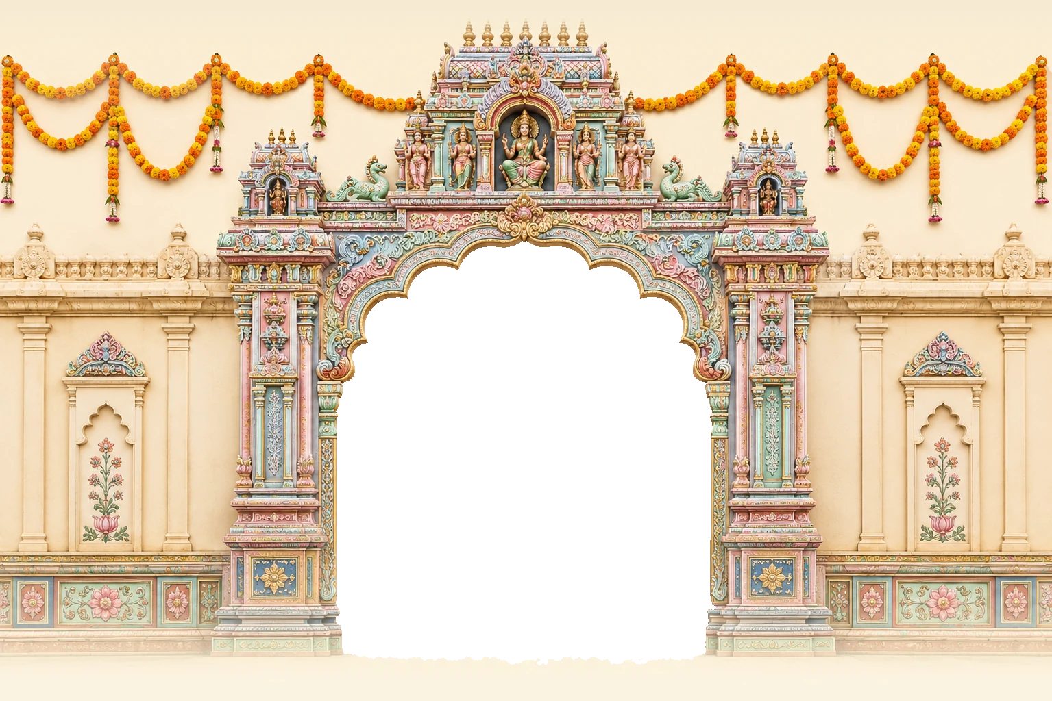 Marigold-garlanded wall with an ornate pastel gateway arch